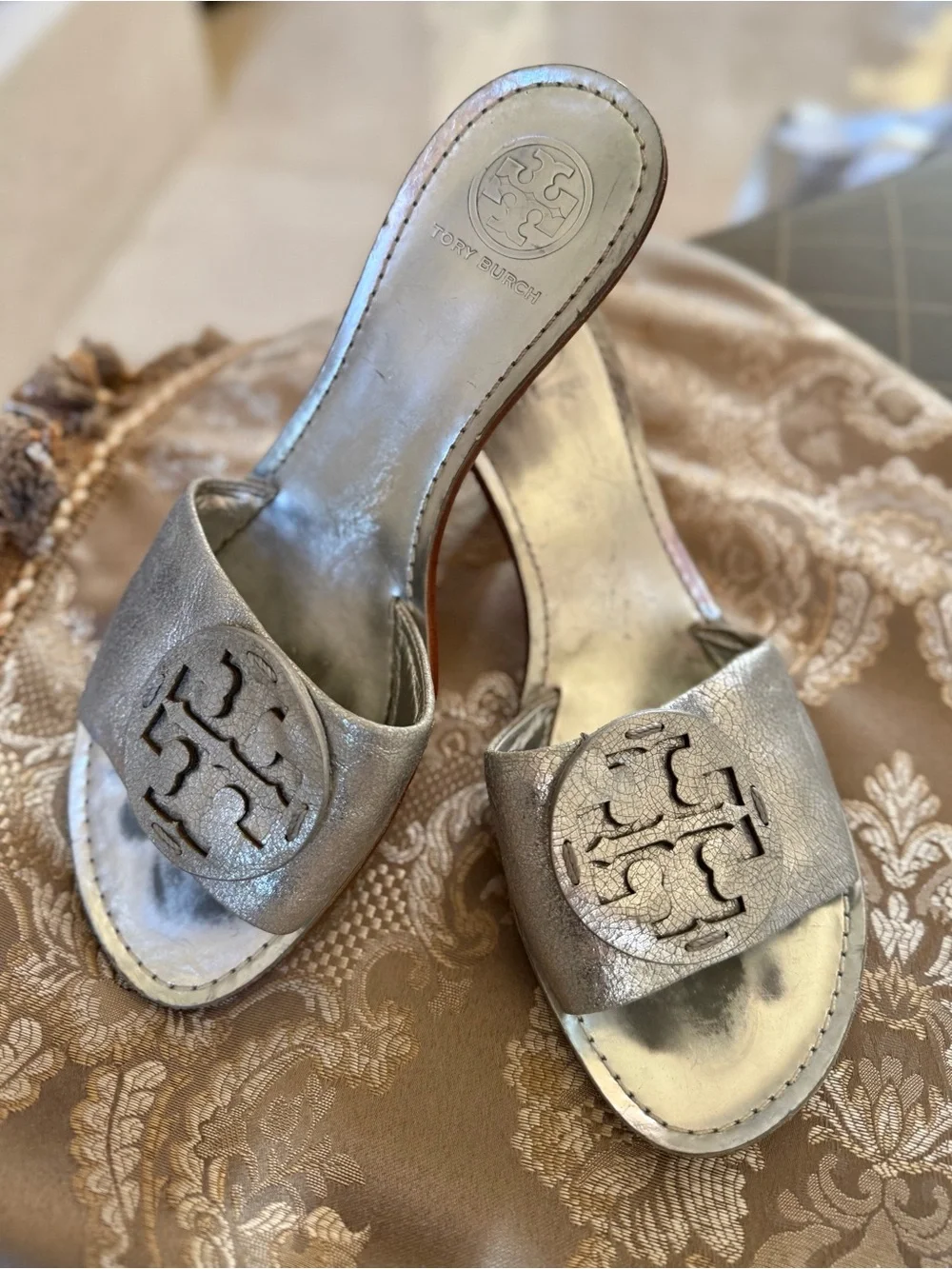 Tory Burch Metallic Silver Logo Slide Mules